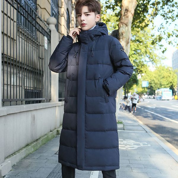 

over knee thick warm hooded jacket men's winter new fashion loose casual windproof long duck down outerwear streetwear, Black