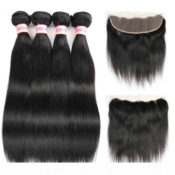 

ear to ear lace frontal with bundles brazilian virgin straight hair with 13x4 closure human hair bundles with frontal hair extensions, Black;brown
