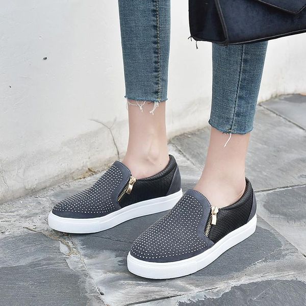 

new style rhinestone casual single shoes double zipper flat heeled board shoes large size casual couple small white, Black