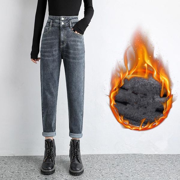 

volcanic rock heating jeans women 2021 high waist loose denim carrot pants plus size blue harem trousers mom jean winter p9609
