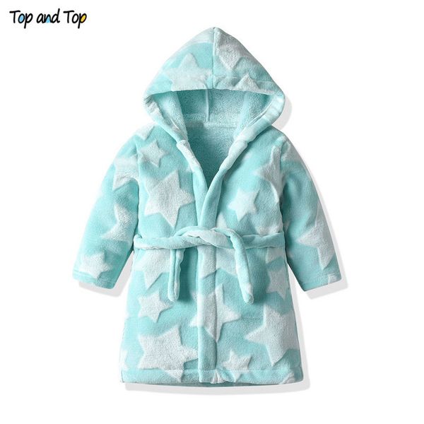 

and fashion cute children bathrobe kids flannel robes boys girls stars printing hooded bath robes pajamas sleepwear 201104, Blue;red