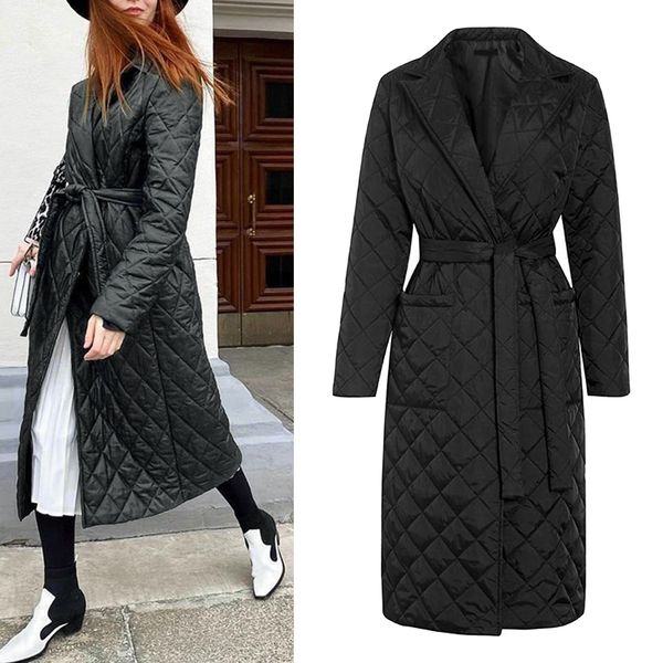 

long straight winter coat with rhombus pattern casual sashes women parkas deep pockets tailored collar stylish outerwear, Black;white