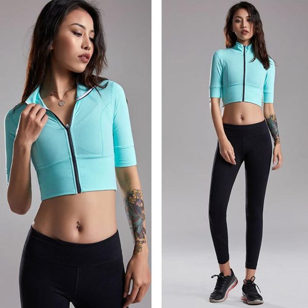 

yoga clothing gym crop yoga gym women short sleeve sports female sports t-shirt zipper stretch fitness 2020, White;red