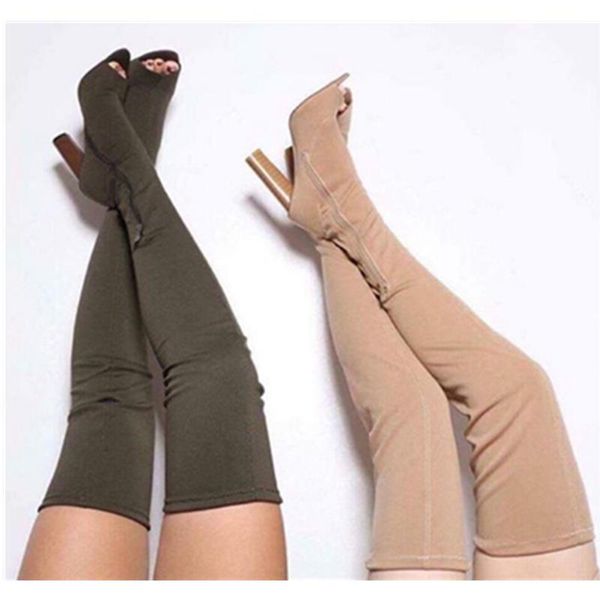 

elastic knitted women sock knee high boots ladies open toe chunky heels pumps fashion kardashian slim ankle booties botas, Black