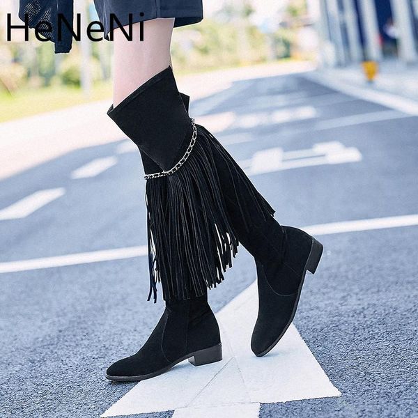 

2020 winter women's knee high boots suede tassel chain decoration platform low heel comfort long boots femsle plus size 34-43, Black