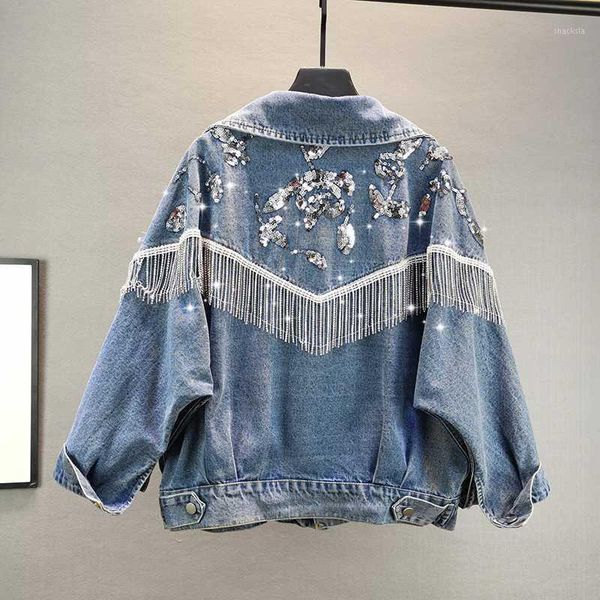

2020 spring new long sleeve beaded metal trend coat feminino jeans coat women tassel denim jacket korean loose outerwear 1, Black;brown