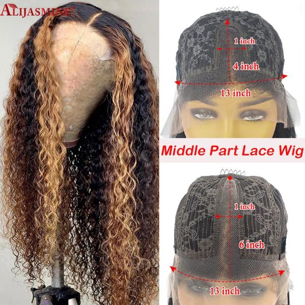 

lace wigs curly human hair wig brazilian remy 4/27 highlight front for black women pre plucked t part, Black;brown