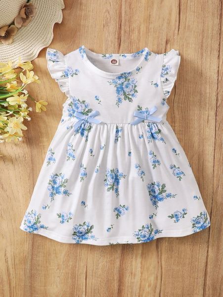 

baby floral print bow ruffle trimed dress she, Red;yellow