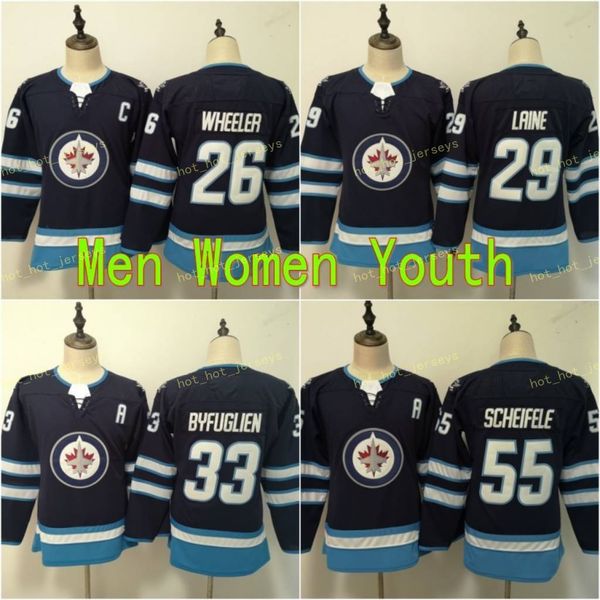 

2021 kids womens winnipeg hockey jersey 29 patrik laine 26 blake wheeler 55 mark scheifele dustin byfugliens ladies stitched shirt, Black;red