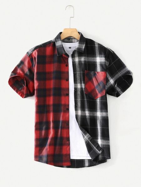 

men plaid spliced shirt f47b#, White;black