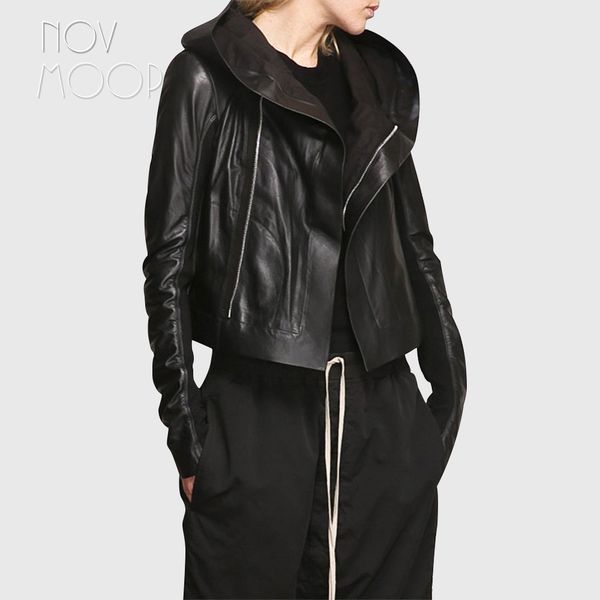 

black genuine leather coat women sleek sheepskin hooded motorcycle jacket elasticized rib knit panel at sleeves croped lt793 201030