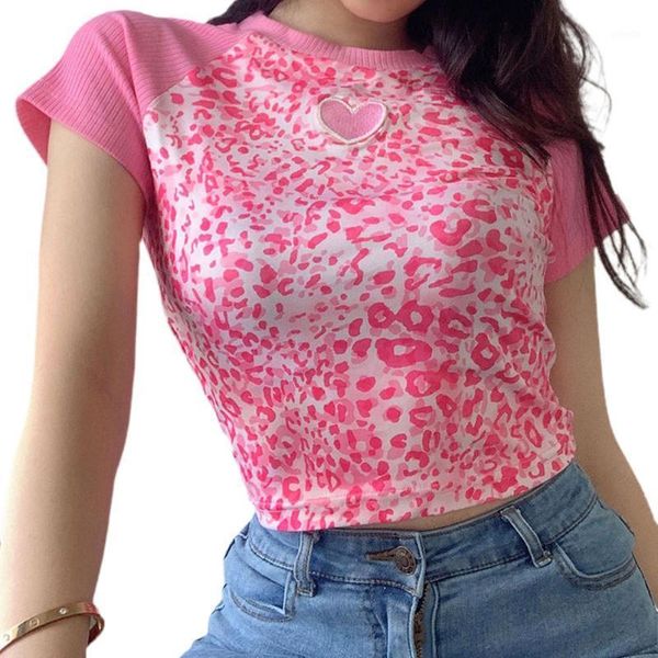 

yoga outfits women short sleeve leopard print t-shirt summer fashion heart embroidery crop, White;red