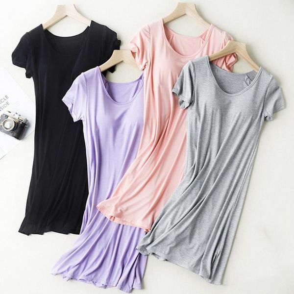 

women casual solid o-neck short sleeve loose nightdress summer pullover sleep wear with knee length pads1, Black;red