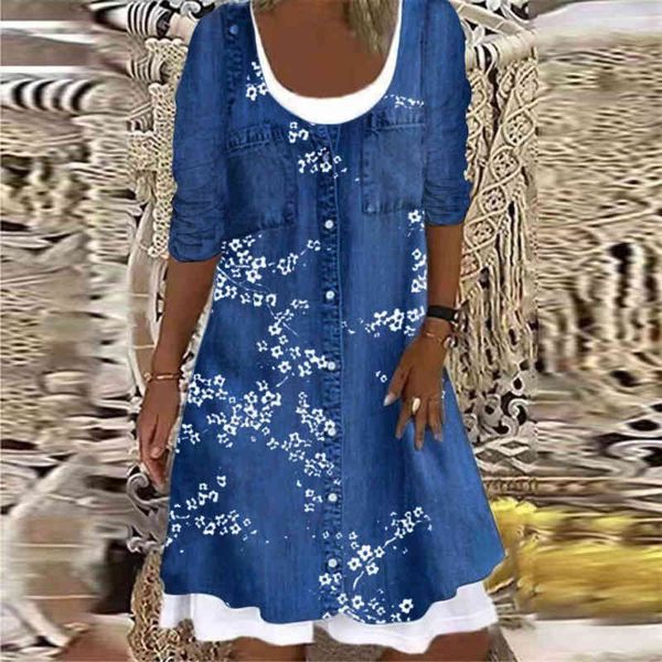 

womens loose fashion printed fake two-piece dress casual imitation denim long-sleeved autumn dress elegant chic party, Black;gray