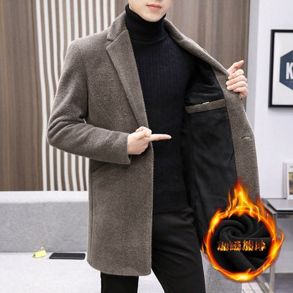 

plush wool men's large medium length woolen windbreaker korean version thickened overcoat fashion, Tan;black