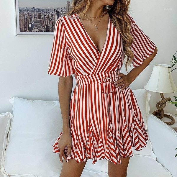 

cotton striped vintage pleated women's mini dress deep v-neck short sleeve sashes lady dresses 2019 summer casual female vestido1, Black;gray