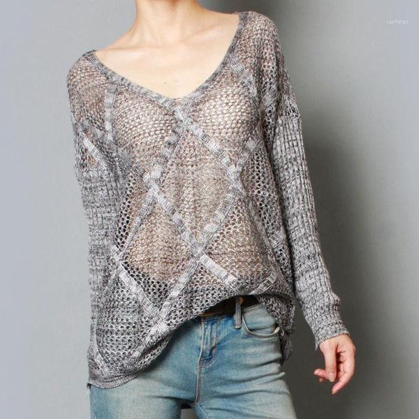 

europe and america women's sweaters 2019 fashion solid hollow knit v-neck diamond-shaped lattice pullover loose 170671, White;black