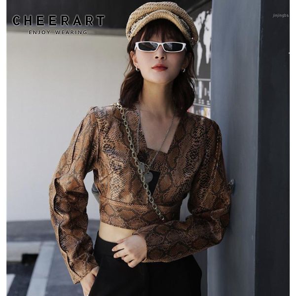 

cheerart snakeskin print cropped jacket women v neck leather jacket cropped coat long sleeve ladies fashion clothing1, Black;brown