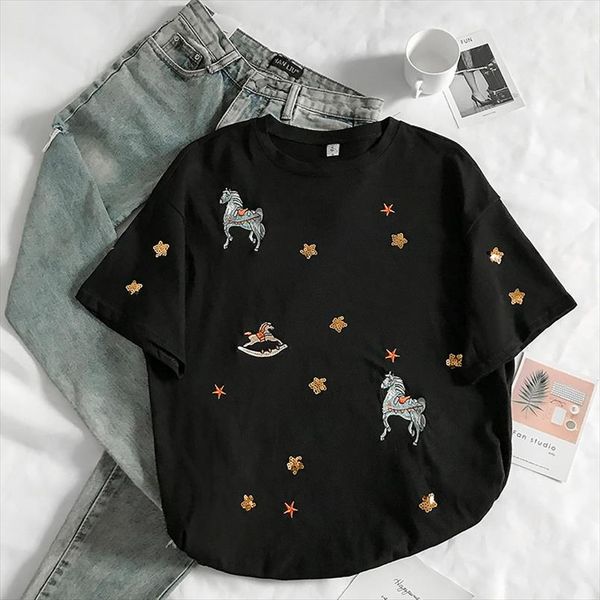 

2020 лета женского вышитых блесток короткого рукав майк новая s мода корейской случайная свободная тенниска женских instees топы, White