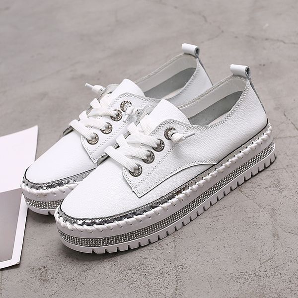 

women platform sneakers shoes female genuine leather walking flats loafers for women white crystal comfort vacation shoes 201110, Black