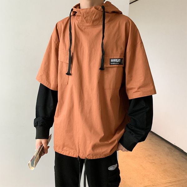 

men's autumn new fake two piece hooded tooling jacket splicing casual coat kg-130, Black;brown