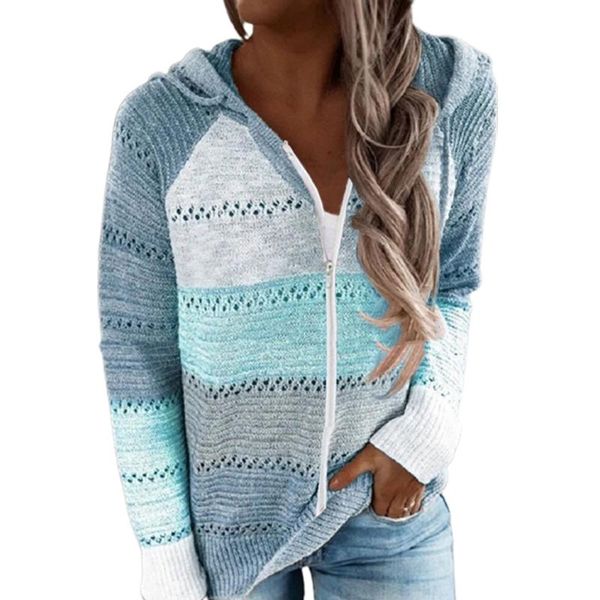 

women's knits & tees women hollow out knit hoodie sweater long sleeve color block striped zip jacket, White