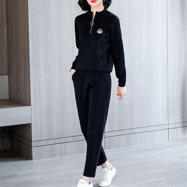 

autumn casual pants knitwear women's fashion suit 2020 new stand collar cartoon embroidered knitwear casual pants two-piece set 02706 n, Gray