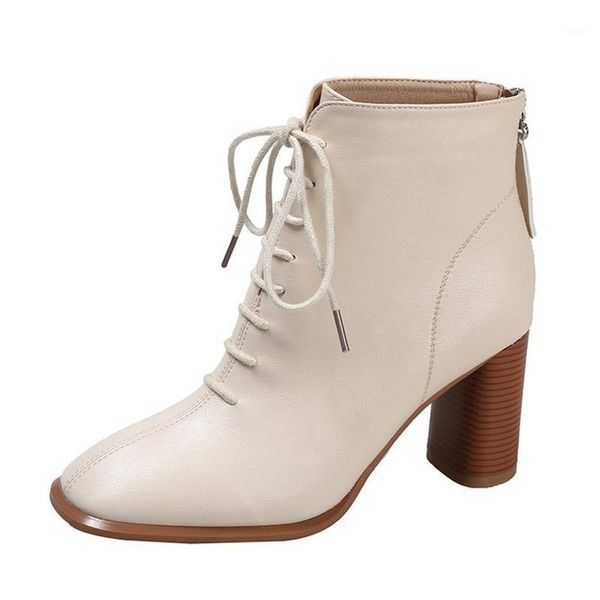 

boots autumn winter women leather heels woman lace up boot casual fashion booties zapatos de mujer1, Black
