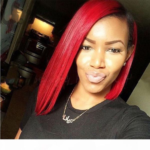 

ombre black to red human hair lace front wig glueless black root ombre red short straight bob cut hair wigs for women, Black;brown