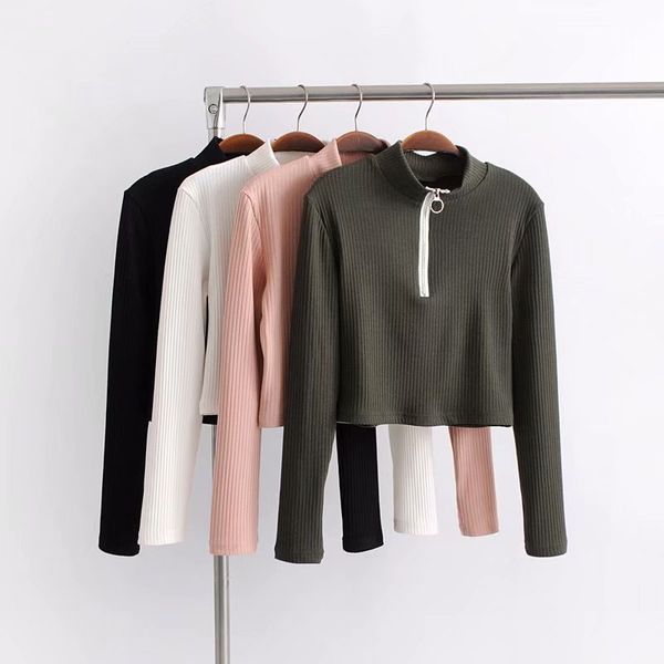 

ins blogger's waisted navel blazer versatile slim fit long sleeve half high neck zipper threaded t-shirt, Black;gray