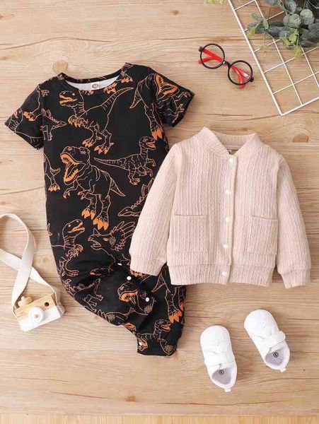 

baby dinosaur print bodysuit & bomber jacket she, White