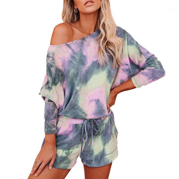 

yoga outfits women's two-piece set summer printed tie-dye long sleeve and short pants sets casual sportswear workout clothes /21, White;red