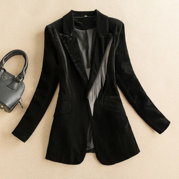 

2021 novo de veludo das mulheres primavera e outono temperamento auto-cultivo moda high-end borla jaqueta high street 0048, White;black