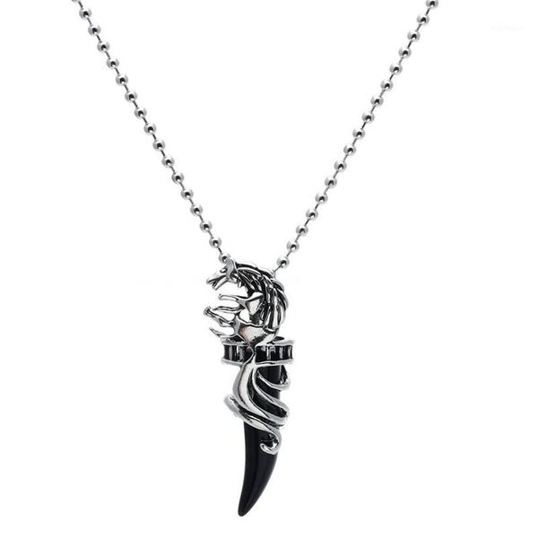 

men choker stainless steel black crystal wolf fang pendant necklace1, Silver