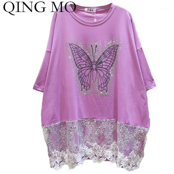 

qing mo plus size women butterfly t shirt 2020 summer women lace patchwork t shirt rhinestine female elegant zqy41221, White
