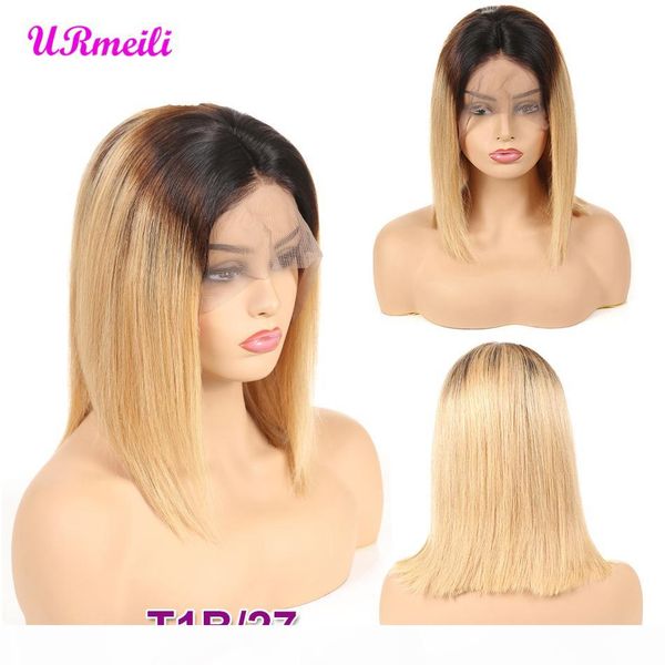 

short bob human hair wigs for women ombre 1b 27 black roots remy brazilian lace front human hair wigs plucked with baby hair, Black;brown