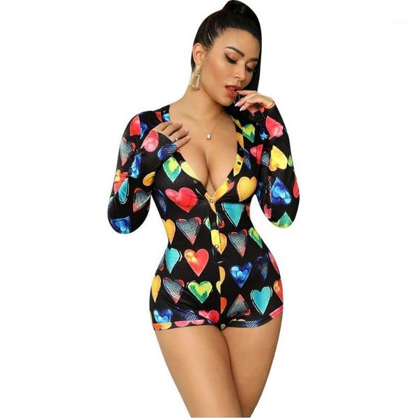 

2020 women color love print long sleeve deep v-neck short jumpsuit romper bodysuit night party playsuit one piece outfit1, Black;white