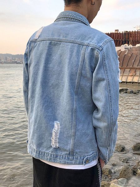 

fashion bomber thin ripped hole spring autumn male cowboy jeans jackets coat denim jacket mens trendy, Black;brown
