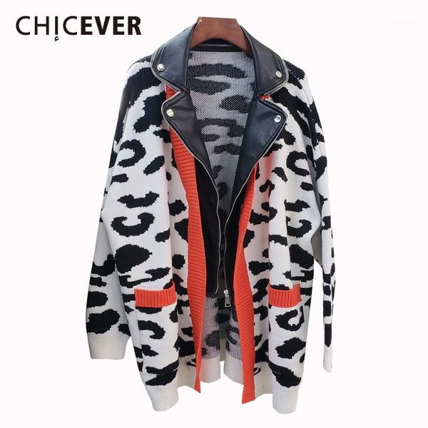 

chicever korean patchwork pu leather women's sweater lapel collar long sleeve oversize female cardigans 2020 new fashion clothes1, White