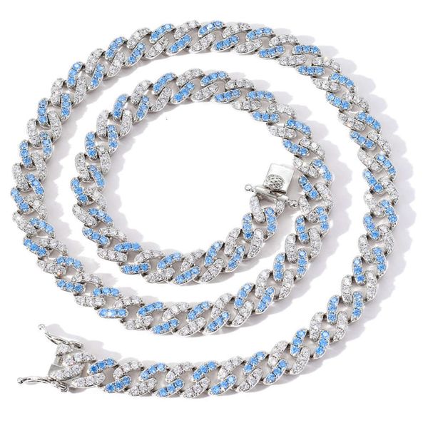 

single necklace 9mm hip row hop blue white zircon hip hop cuba chain men's and women's hiphop accessories, Silver
