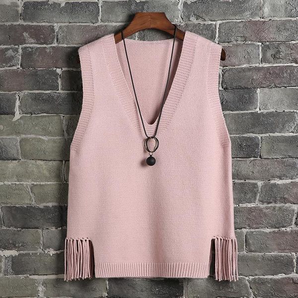 

women's vests pink tassel v-neck knitted vest sweater autumn and winter korean loose wild sleeveless yellow, Black;white