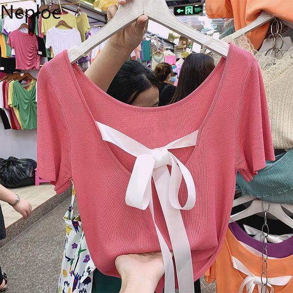 

neploe 2020 summer short sleeve knitted t-shirts bow tie backless women tees sweet slim graphic tees femme t shirt 4b3181, White