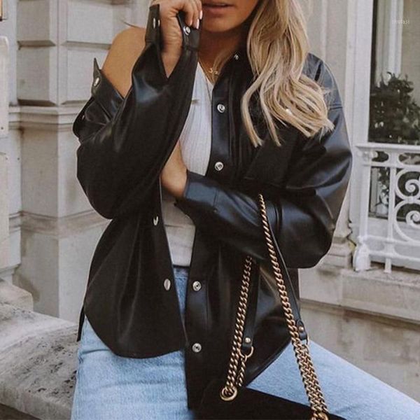 

autumn black pu leather pocket women coats long sleeve turn down collar single breasted female coat new streetwear lady clothes1, Black;brown