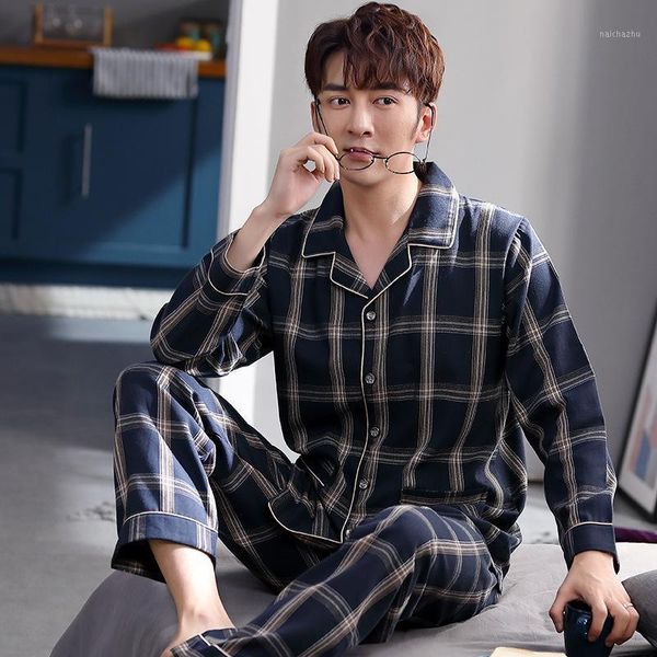 

men's pajamas spring and autumn style woven cotton long-sleeved men's home service thin suit pigiama uomo dormir fashion1, Black;brown