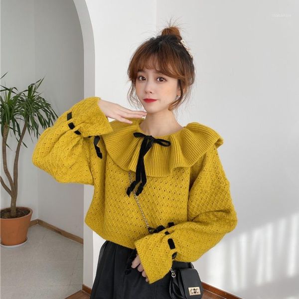 

winter japan style sweaters for women fashion brand sweet loose knitted pullovers female ruffles crop ladies long sleeve new1, White;black