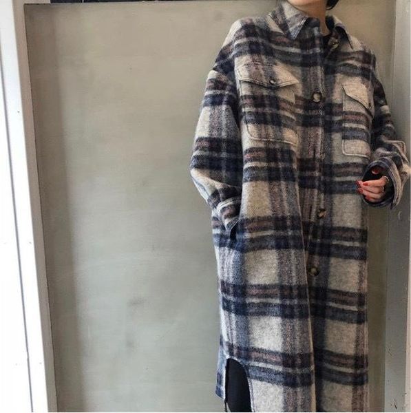 

institute of 20 new winter loose long wool coat wind european fashion plaid shirt style jacket, Black