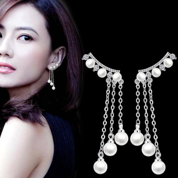 

fashion zircon long fringed pearl earrings ladies, Golden;silver