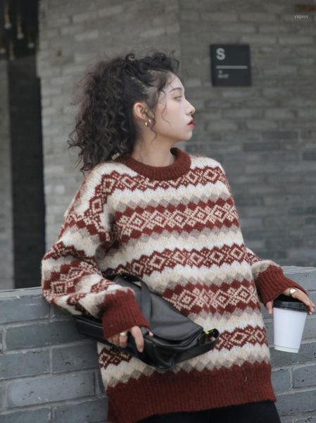 

french style retro pullover sweater women's thickened loose-fitting pullover round-neck autumn/winter red shirt knitted coat1, White;black