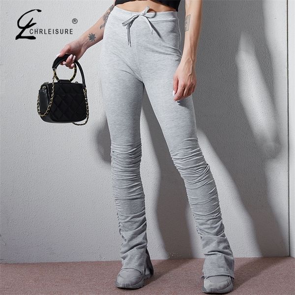 

stacked sweatpants joggers women high waist flare pants plus size fitness pantalon solid active wear streetwear lj201130, Black;white