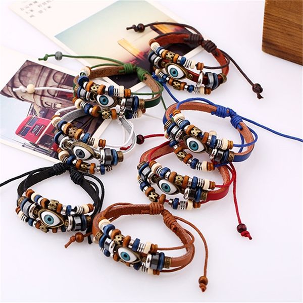 

new fashion beaded bracelet eye leather good luck bracelet jewelry adjustable couple genuine leather bracelet jewelry ing, Golden;silver